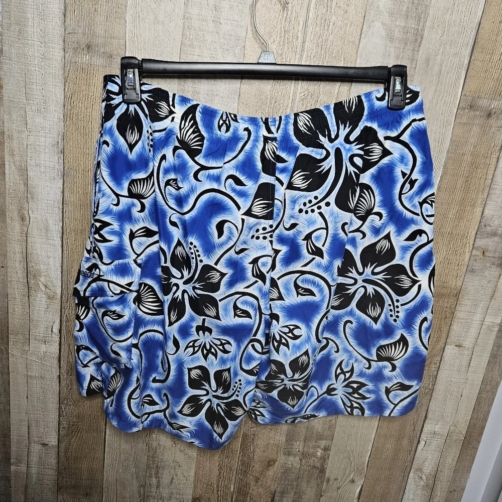 Speedo Swim Trunks Shorts Large Blue Floral Mesh Lined Hawaiian Beach W/ Pockets